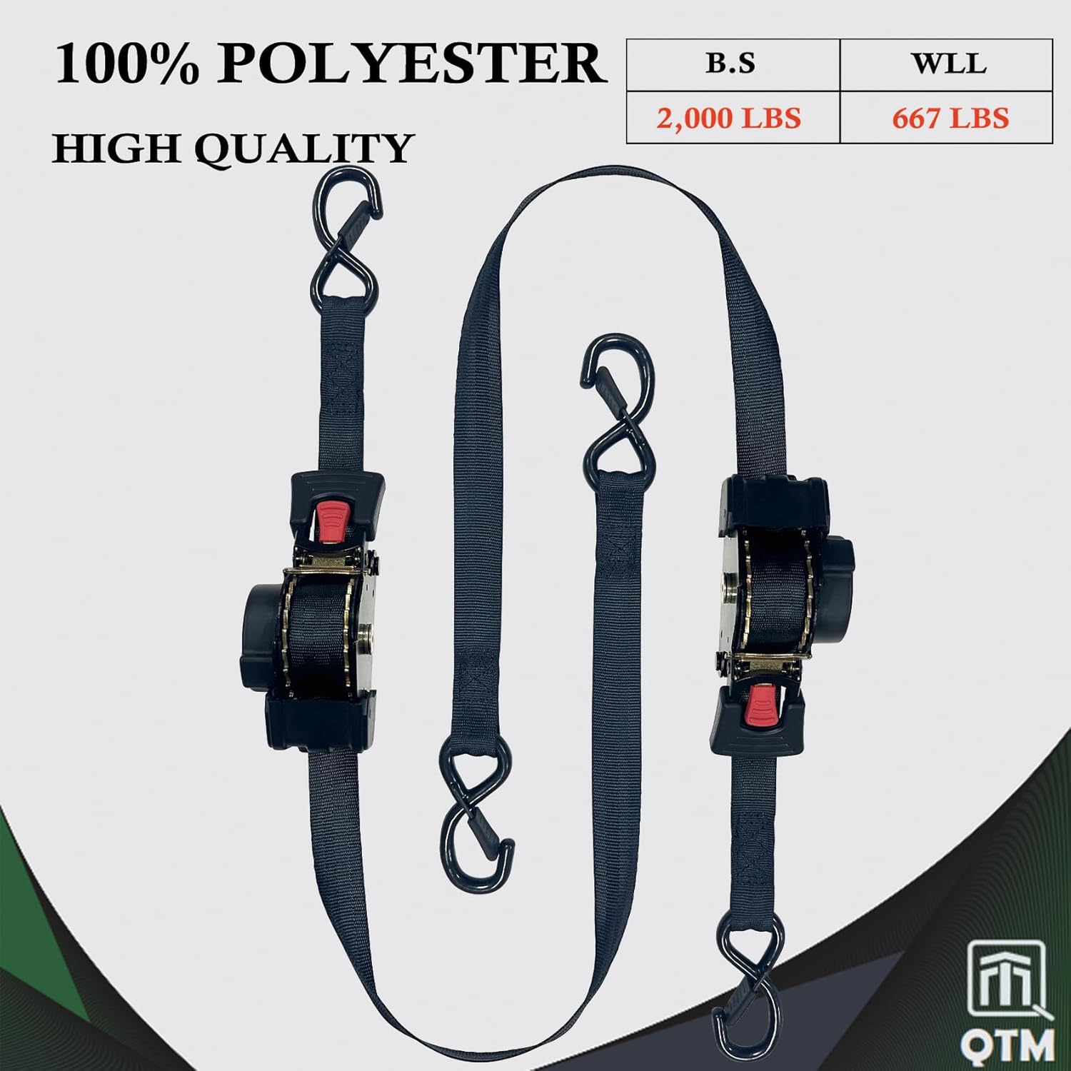 QTM 4-Pack Black Retractable Ratchet Straps 1" x10' with Soft Loops, Heavy Duty, 2,000lbs Breaking Strength, with Storage Bag, Best for Cargo, Truck, Bicycle, Motorcycle