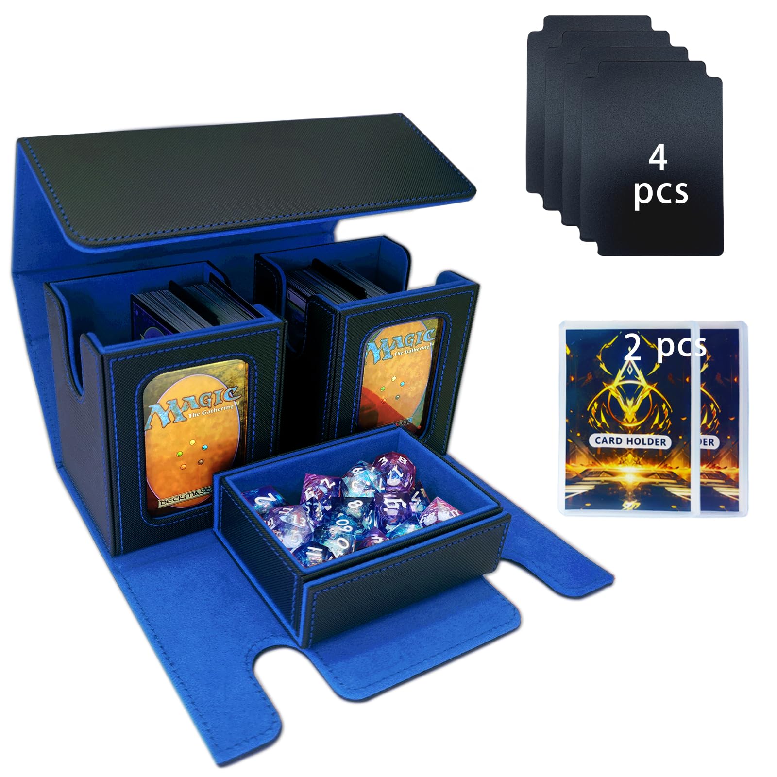 Alinwu MTG Commander Card Storage Box - Fits 200 Double Sleeved Cards,3-in-1Card Deck Case,Strong Magnet Card Organizer For Magic Commander TCG CCG,4Dividers &2 Toploaders(Black&Blue)