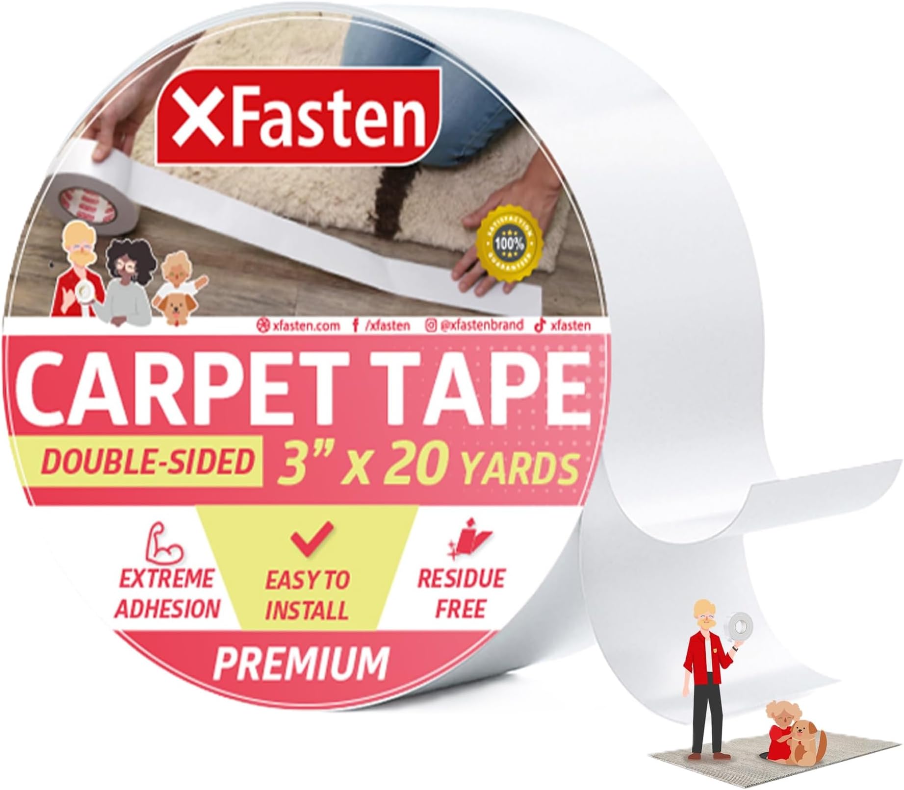 XFasten (7.6cm x 20 Yards, 1) - Double Sided Carpet Tape for Area Rugs and Carpets, Removable, 7.6cm x 20 Yards Super Strong and Heavy-Duty Rug Tape for Carpet to Floor and Rug to Carpet Applications