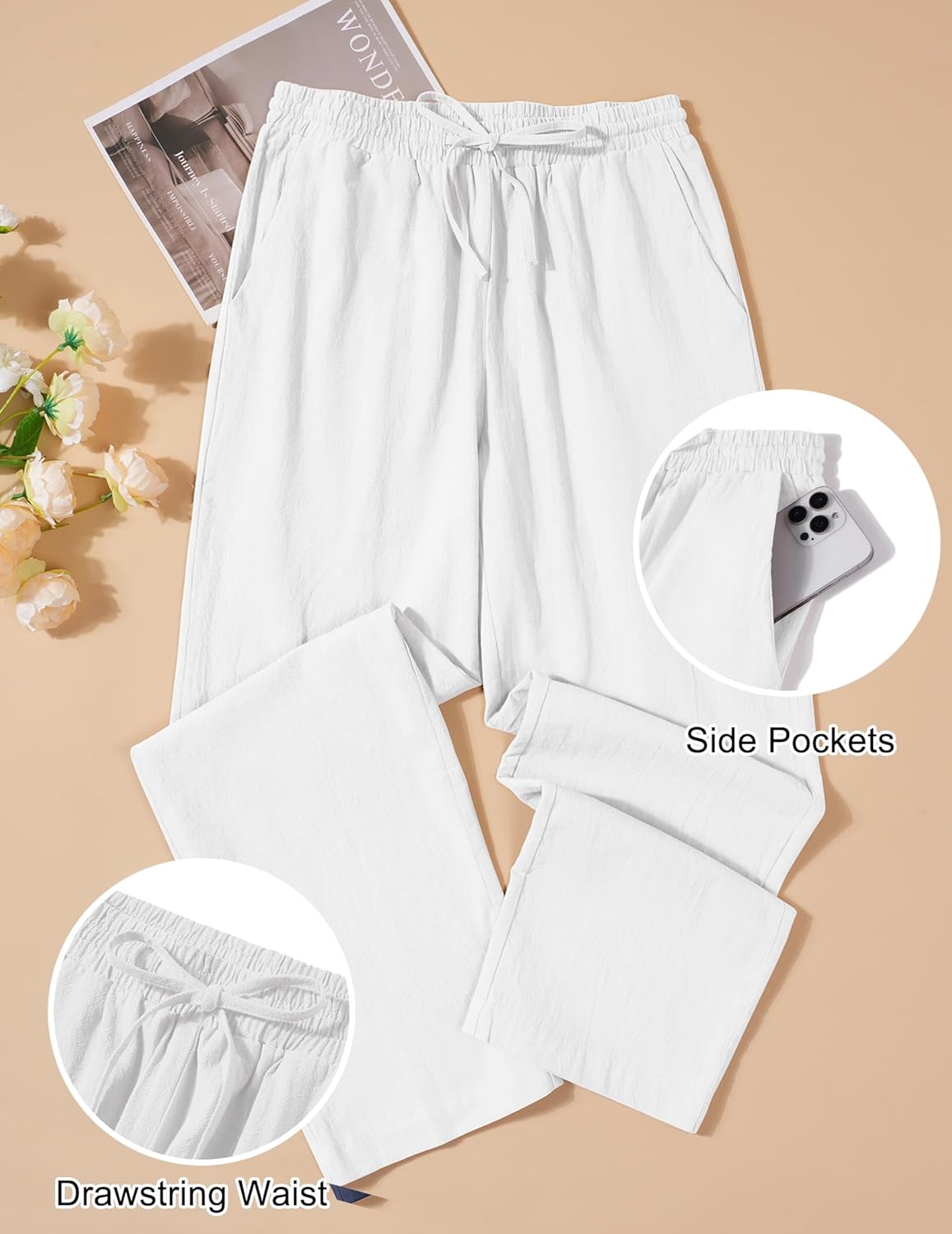 COOFANDY Men's Cotton Linen Pants Elastic Waist Drawstring Summer Beach Trousers Casual Yoga Pant - Image 4