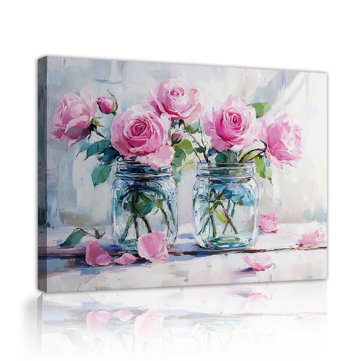 CHERHERART Wandkunst fürs Wohnzimmer Rosa Rosen Einmachgläser Bilder Wanddekoration Moderne Frühlingsblumen-Leinwandmalerei Romantisch-Chic Wohndeko 40x50 cm Innenrahmen