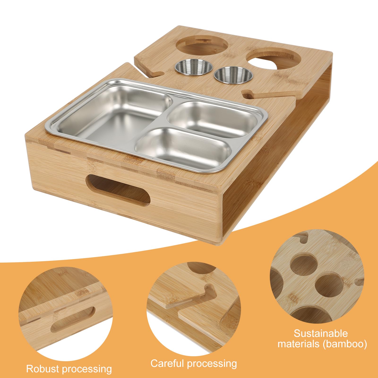 Couchbar Snackbox, Couch Bar mit Edelstahl-Snackschalen & Weinhalter, Snackbar Sofatablett, Holz Couch Snackbox, Weinhalter, Snackspender, Personalisiert Sofa Organizer