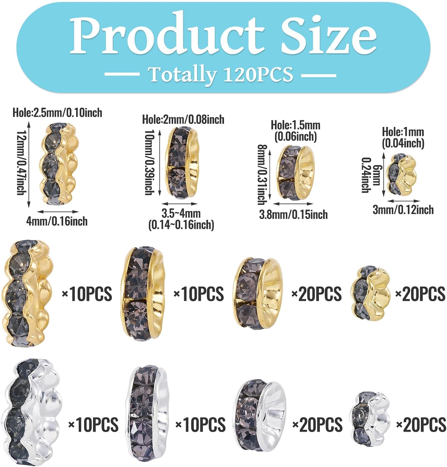 Craftdady 120Pcs Rhinestone Spacer Beads European Rondelle Bead Crystal Shiny Beads Golden Black Wavy Edge Loose Bead 6mm-12mm for Crafts DIY Bracelet Necklace Earring Jewelry Making - Image 2