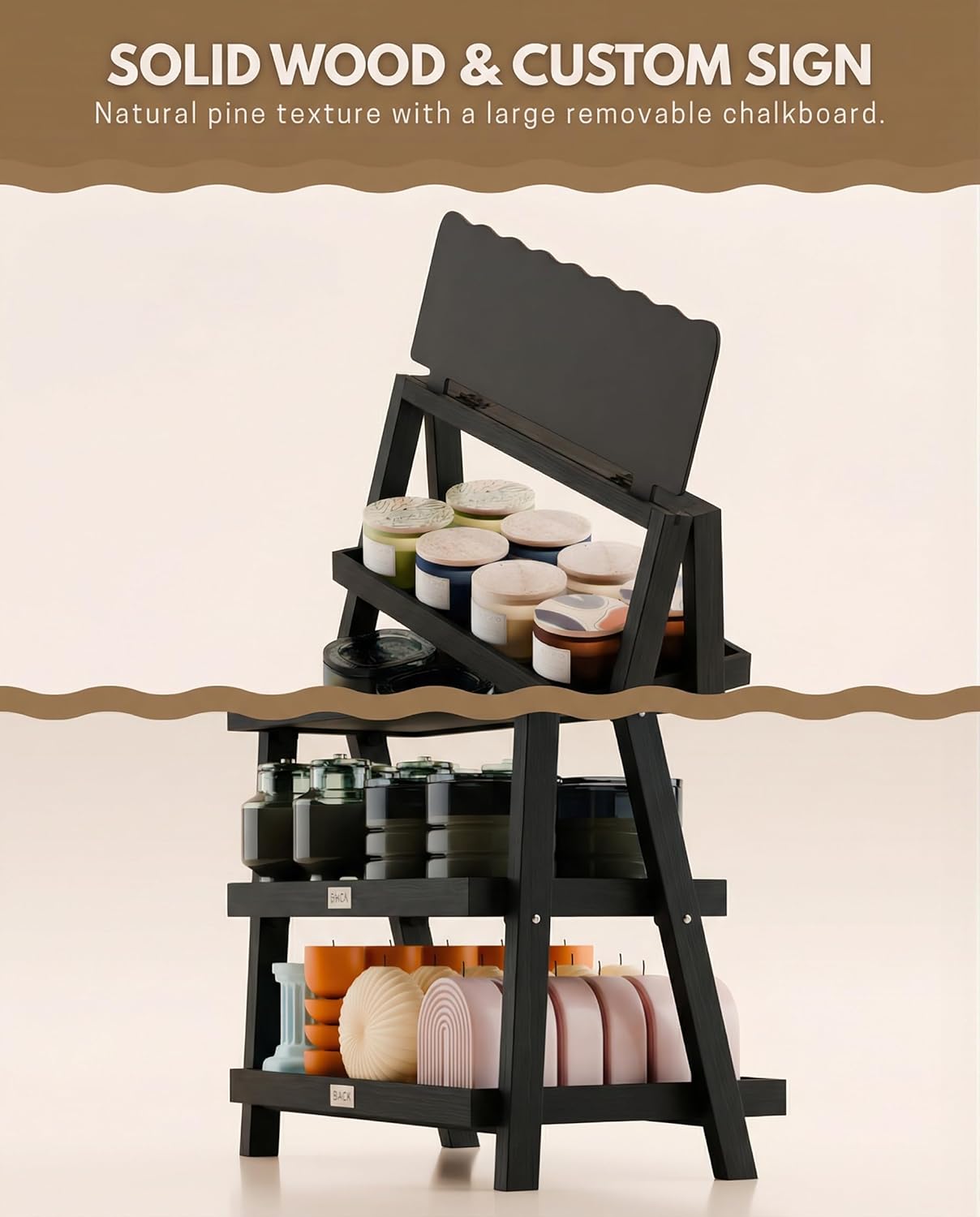 Cookie Display Stand for Bakers & Vendors - Foldable Wooden Cookie Stand with Chalkboard Sign for Market Booths, Craft Fairs & Events - Tiered Cookie Display for Cupcakes, Muffins & Pastries (Black)