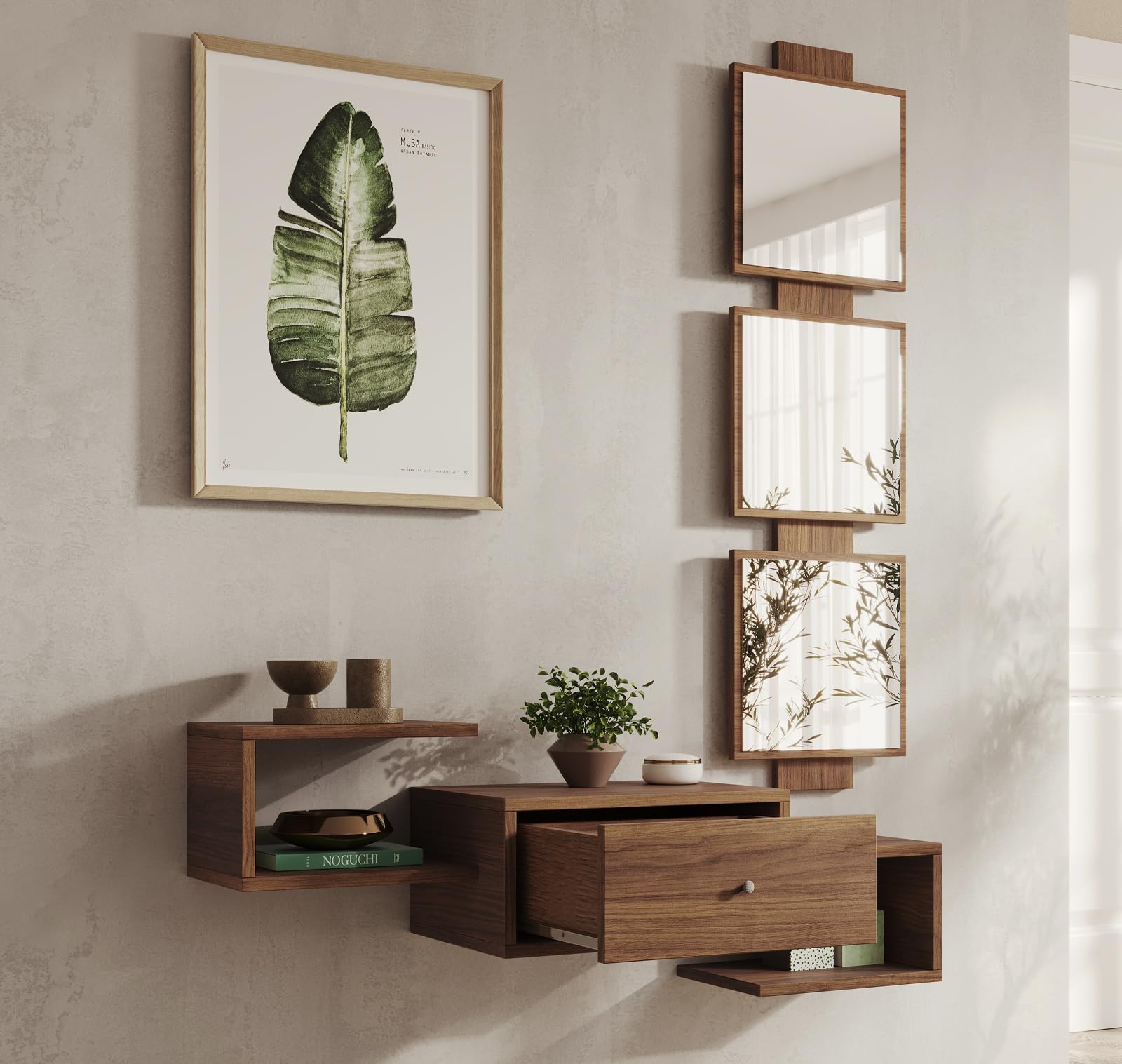MB Muebles Bonitos, Mobile Ingresso Sospeso Neo, con Specchio e Cassetto, Melamina, Colore Noce Ambar Opaco, 99.5x145x22cm