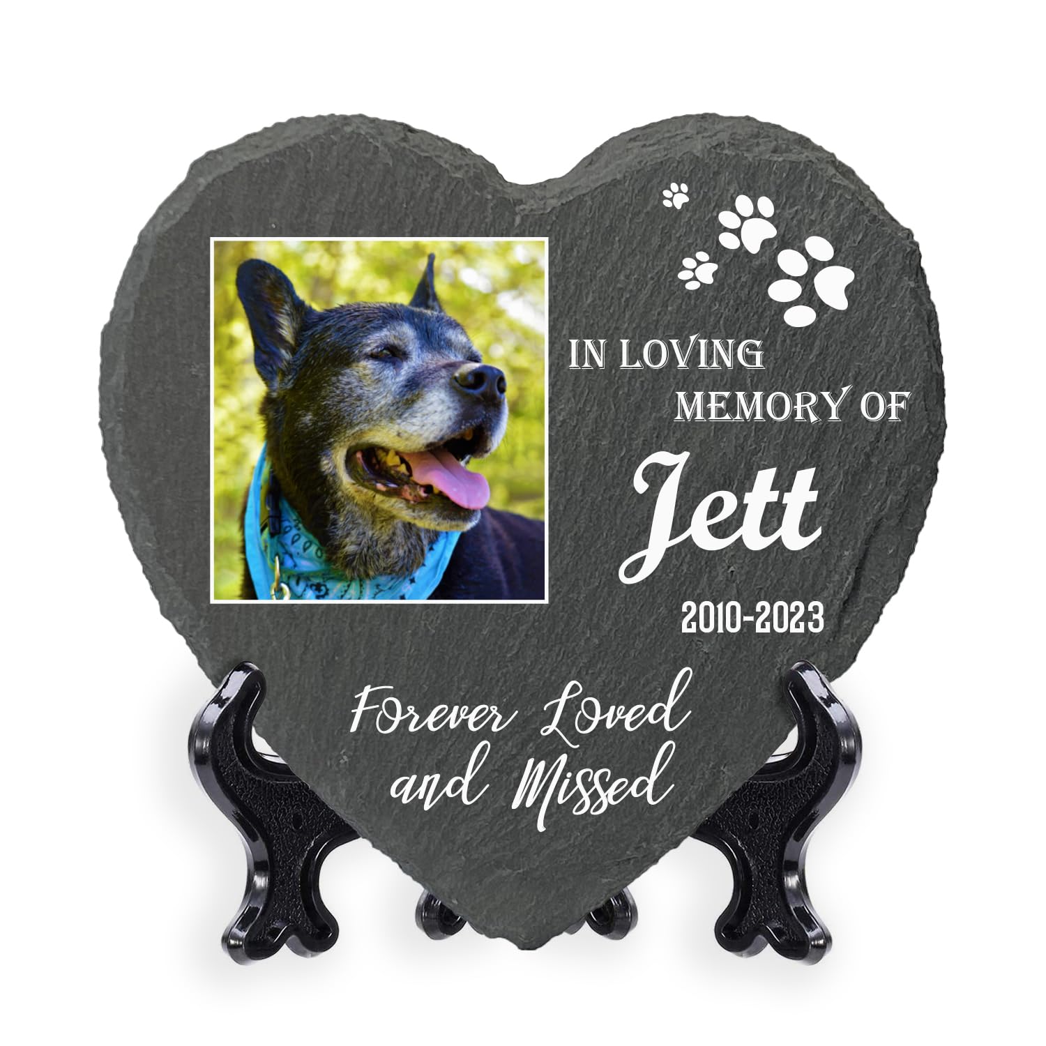 AIGAT Personalised Custom Heart Shape Memorial Plaque 9.8" x 9.8" / 25 x 25 cm With Stand For Pet Cat Dog Slate Stone Paw Grave Marker - Photo — image 1