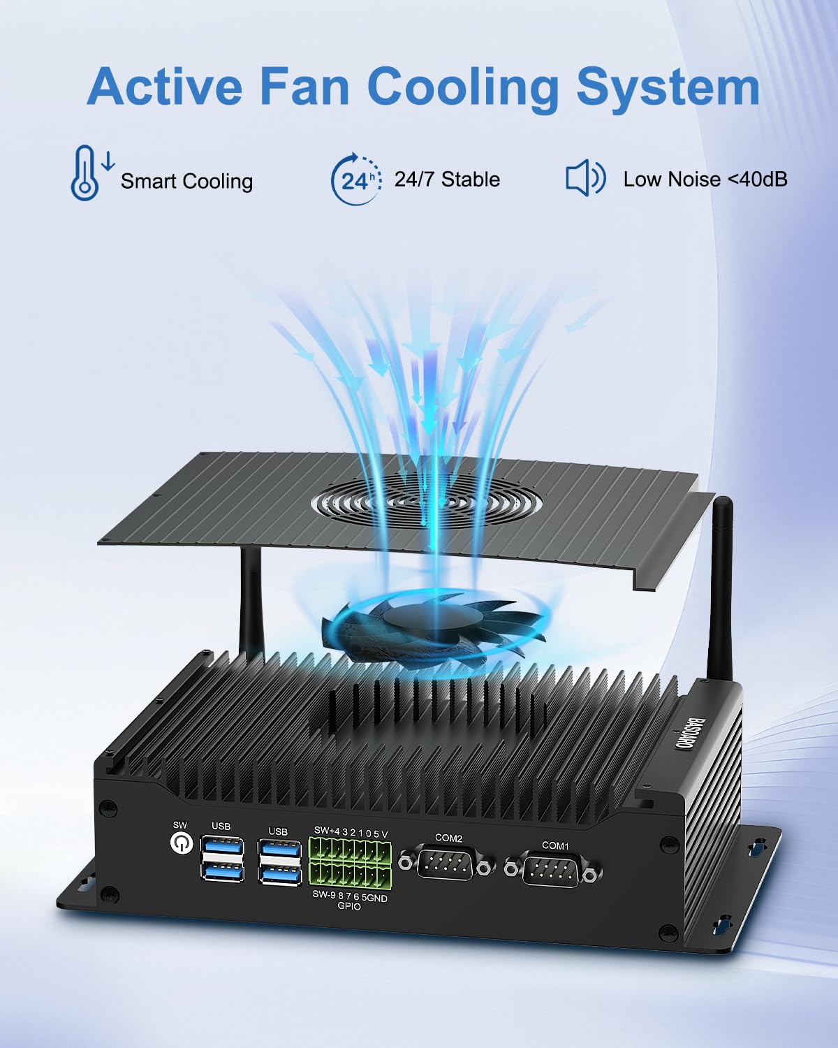 BASOARO Mini PC Industriel i5 1235U, 16GB RAM 512GB SSD, Refroidissement par Ventilateur, Win 11 Pro, Double LAN, Triple Affichage 4K (2 HD + DP), 2RS232/RS422/RS485 COM, GPIO, WiFi 6, BT 5.2