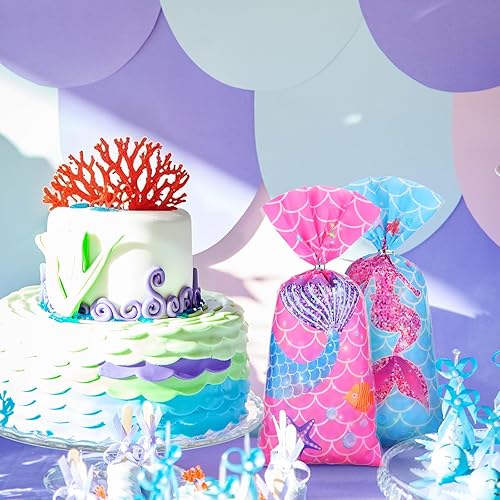 Miniatura 7 de Hotop 100 bolsas de regalo de sirena, bolsas de dulces para fiesta del océano, con 150 vueltas de tiescelofán, regalo para niños y niñas,