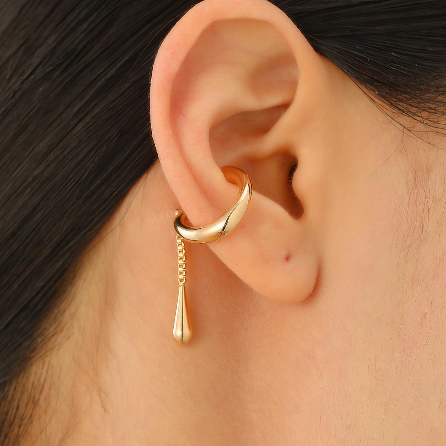 Chunky Gold Ear Cuff with Dangle Drop for Women, Modern Minimalist Non Pierced Cartilage Clip On Earring Geometric Jewelry Gift Wife Mom