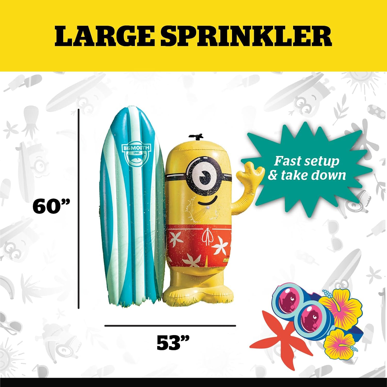 Giant Minions Outdoor Sprinkler - 53" - Backyard Play Inflatable with Dual Spray Action, Despicable Me Character Lawn Toy for Summer Cooling Fun, Kids Party Entertainment
