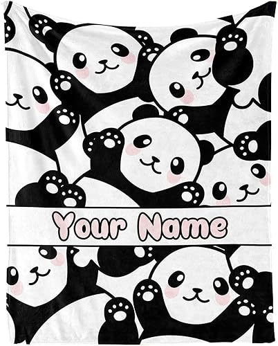 Manta de panda personalizada con nombre para niños y niñas, diseño personalizado de lindo panda impreso para niños, regazo, silla, manta de regalo,
