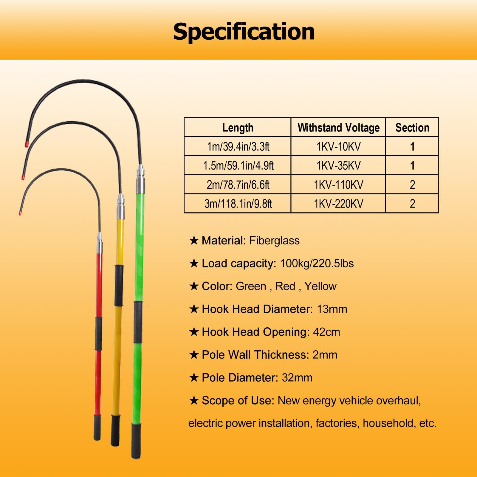 Gancho de Rescate Ligero con Mango Aislado, Gancho Aislado de Emergencia para Salvar Vidas, para Mantenimiento de Cables, Torre eléctrica, subestación, centrales eléctricas, Gancho de Rescat