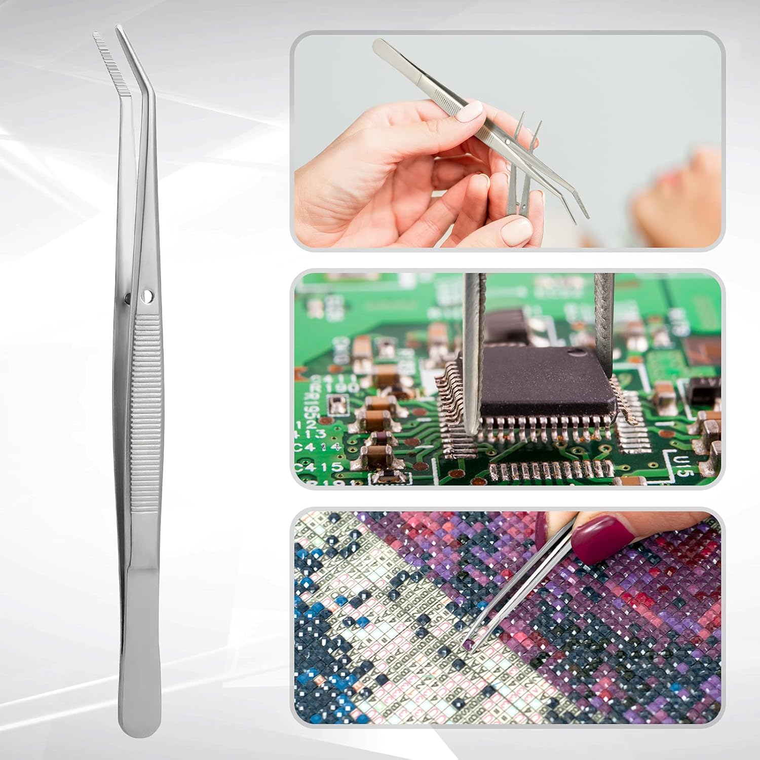 Honoson 10 Pcs Stainless Steel Tweezers for Crafting with Curved Serrated Tip Multipurpose Forceps Sewing Machine Tweezers Bulk (Silver)