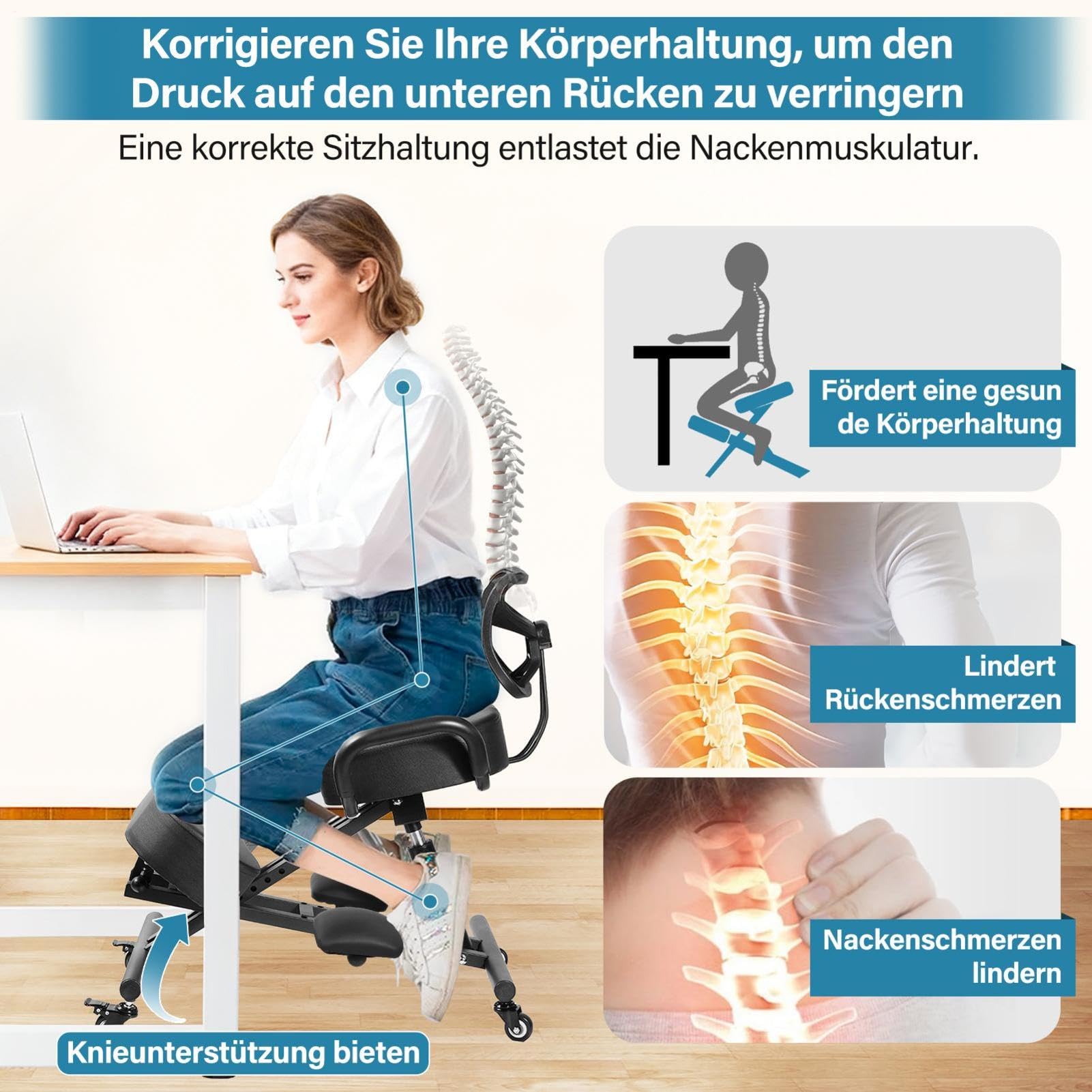 Generisch Kniestuhl, Ergonomischer Kniestuhl mit Rückenlehne und Fußstütze | Höhenverstellbarer Haltungsstuhl mit Feststellrä-dern für das Homeoffice, Haltungskorrekturhocker