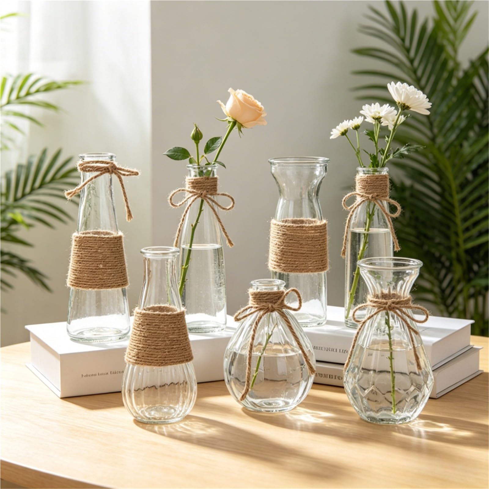 Vase Hydroponique Verre Ensemble de Vases en Verre Transparent, 6 pièces, Bricolage, Corde Chanvre, Artisanat, Fleurs nourrissantes à l'eau, décoration Salon Mariage, jardinière
