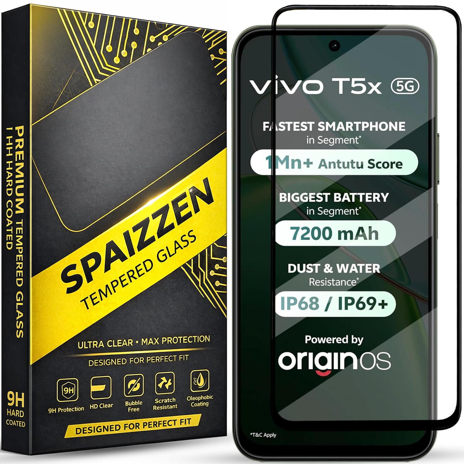 SPAIZZEN Military-Grade Tempered Glass Screen Protector Compatible for vivo T5x 5G / Vivo T5X with Edge to Edge Coverage and Easy Self Installation kit