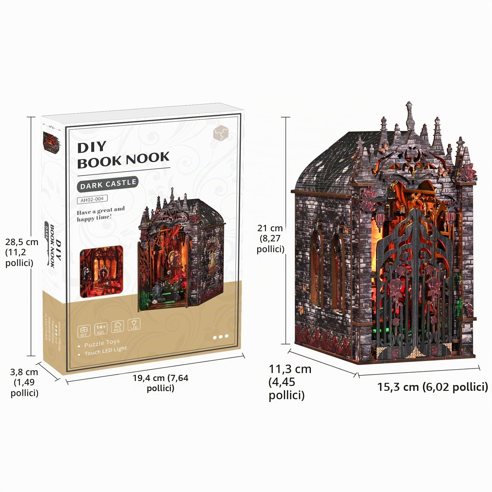 Book Nook Kit In stile gotico- Miniature del Dark Castle, puzzle in legno 3D fai da te con LED-Case delle Bambole, set fai da te per adulti, Idea Regalo Creativa, decorazione per libreria