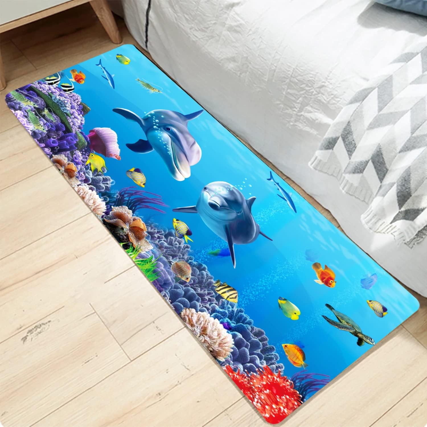 LYFANS Dolphin Ocean Memory Foam Bath Mat, Non-Slip Absorbent Flannel Bathroom Rug, Soft Quick Dry Shower Floor Mat for Tub, Kitchen, Bedroom (18"x47")