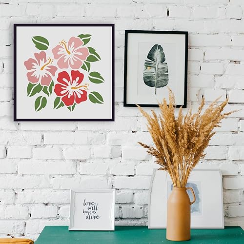 Miniatura 6 de FINGERINSPIRE Plantilla de flores de hibisco de 11.8 x 11.8 pulgadas, plantilla de flores de Hawái, reutilizable, cuadrada, planta de hoja, lavable,