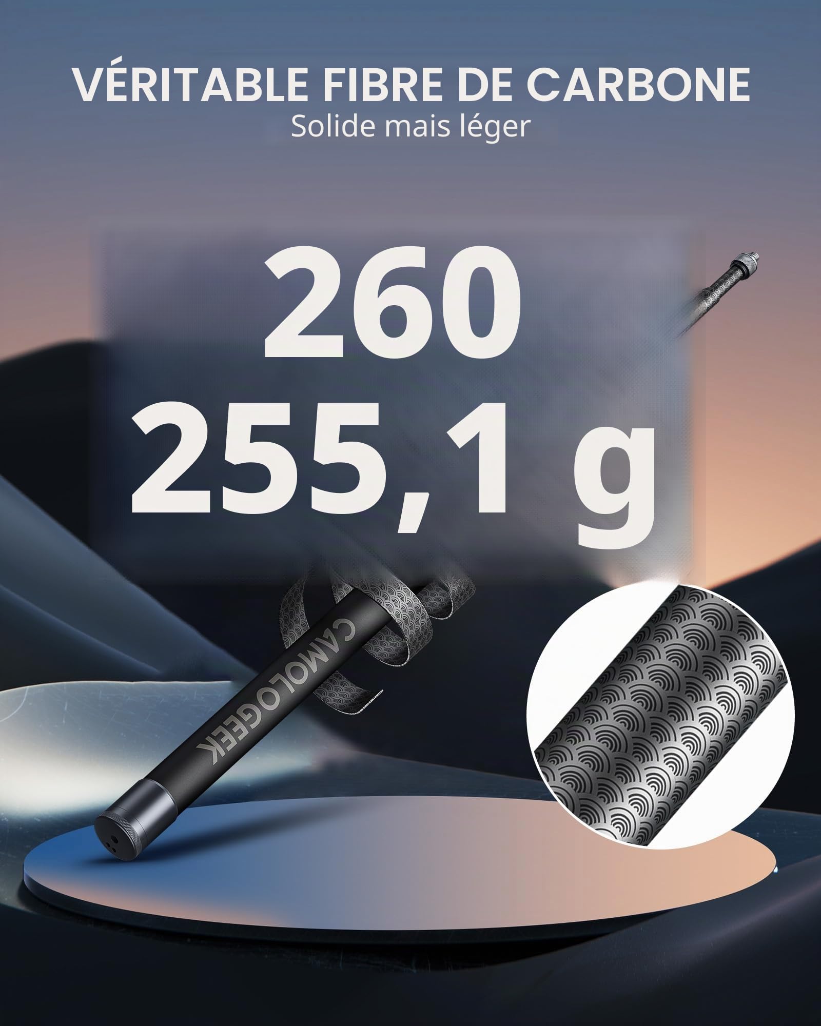 CAMOLOGEEK Perche à Selfie Invisible 3,0m/118 en Fibre de Carbone avec Poignée Antidérapante et Montage 1/4" pour GoPro Hero 13, 12, 11, 10, 9, 8, DJI Osmo 360 Action 5 Pro 4 3 Insta360 X5, X4, X3
