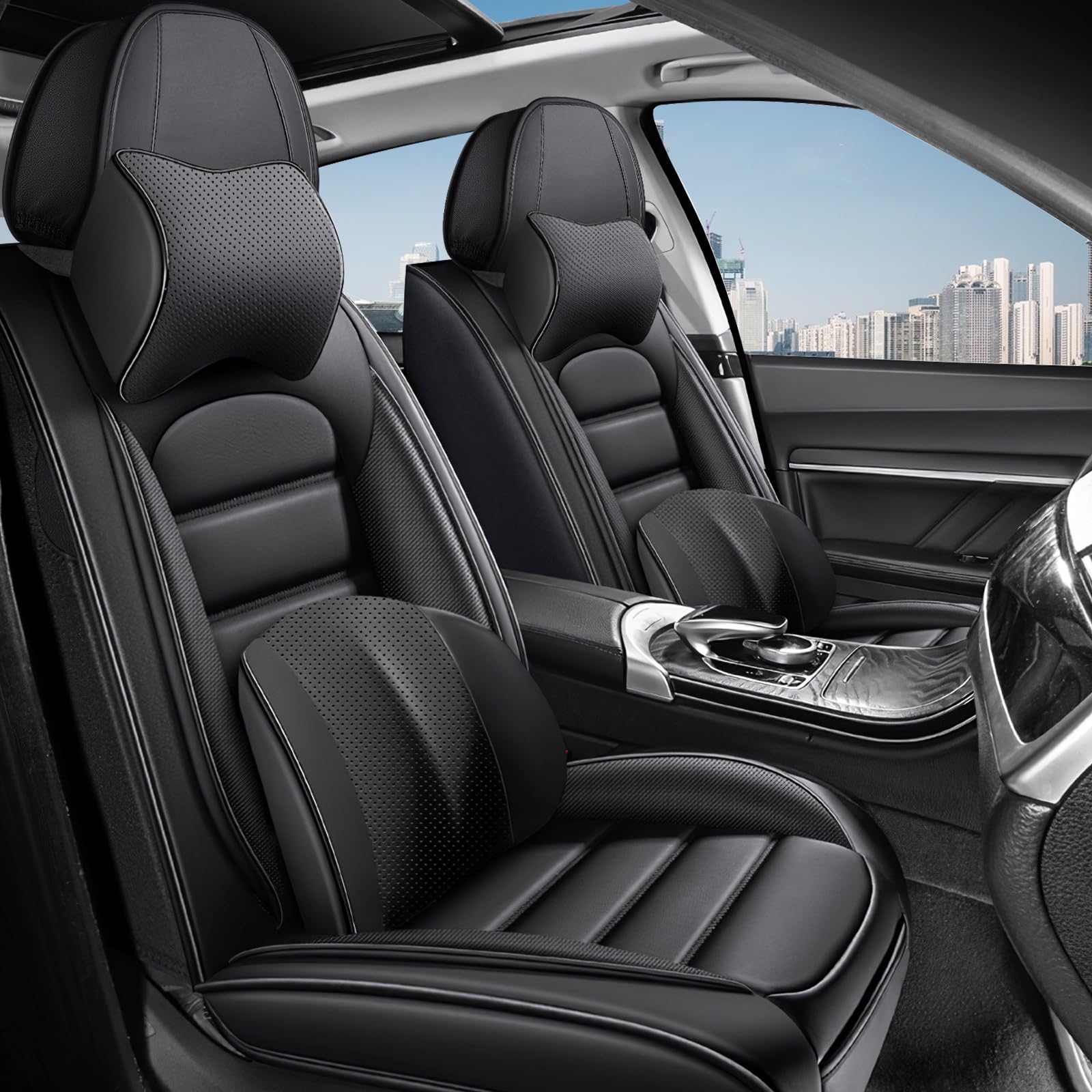 AREKA 2 Car Seat Covers for Dodge Challenger 2000-2026 Breathable Leather,Waterproof Car Seat Protectors with Comfort Headrest Pillows,Automotive