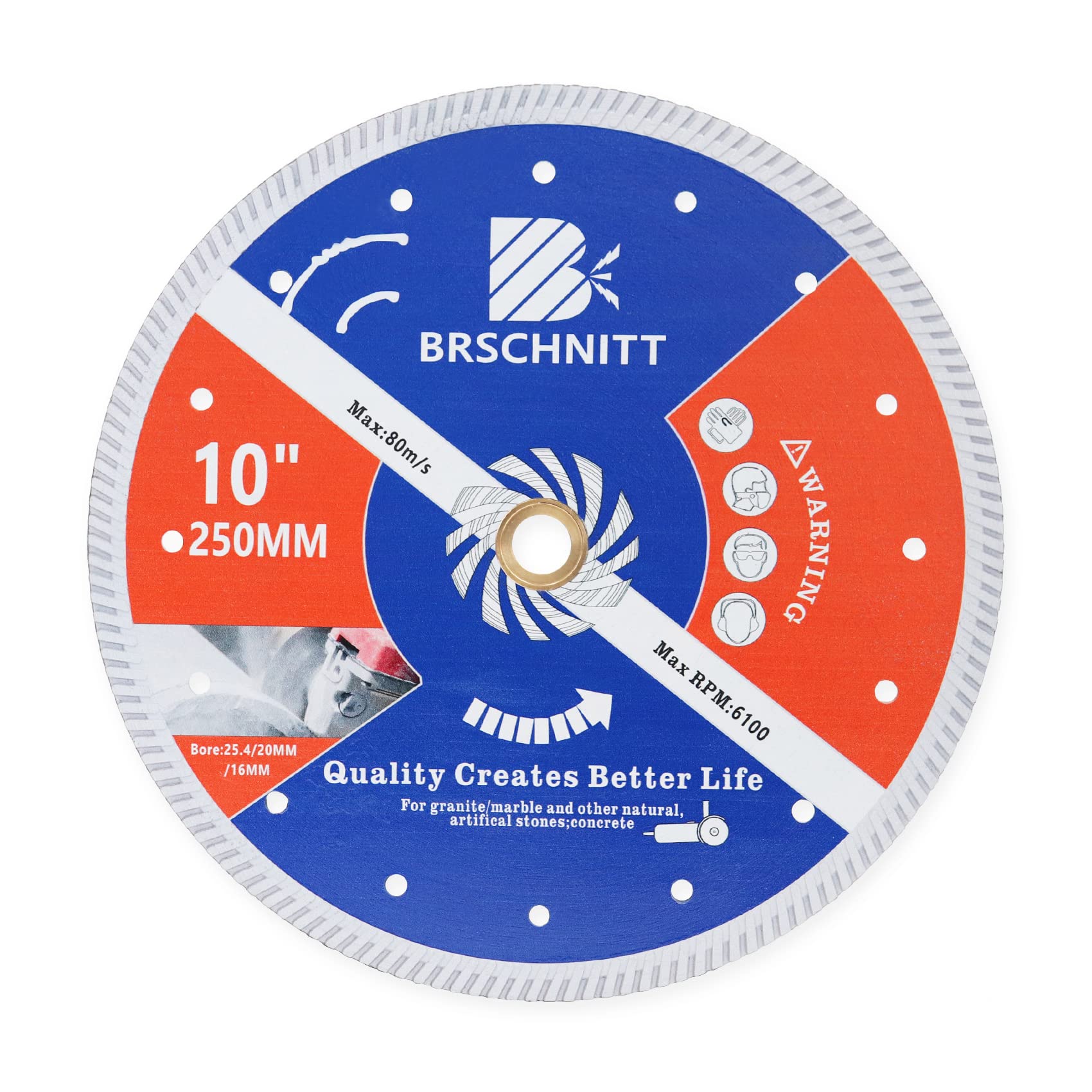 BRSCHNITT Diamond Blade for Concrete Masonry,250mm with Arbor 25.4mm-20mm-16mm Dry/Wet Continuous Rim Diamond Cutting Disc for Granite Marble Stone Hard Concrete Reinforced Concrete