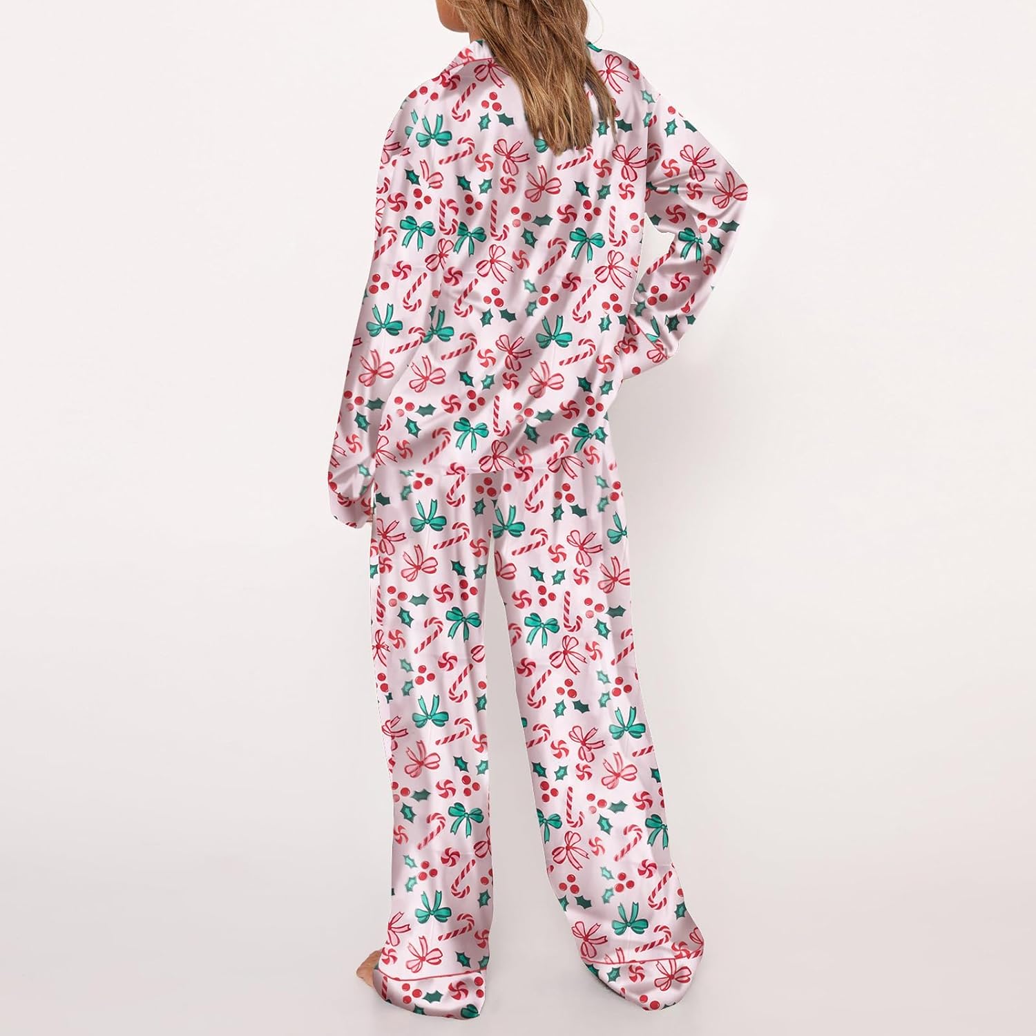 Seyurigaoka Satin Silk Valentine's Day Pajamas Set for Women Polka Dot Pjs Button Up Shirt+Pants 2 Piece Valentine Jammies - Image 3