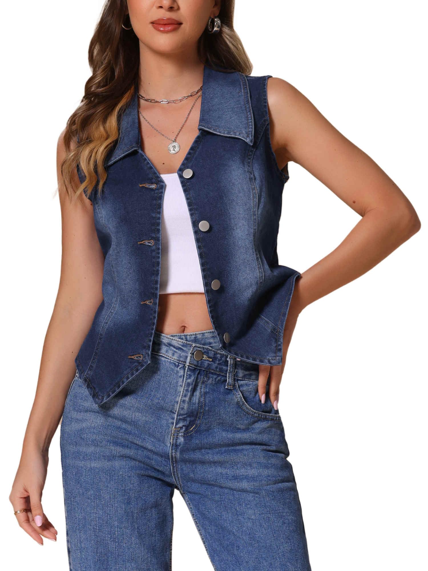 Allegra K Denim Vest for Womens Sleeveless Jean Jacket Western Tops Button Down Lapel Waistcoat Vests