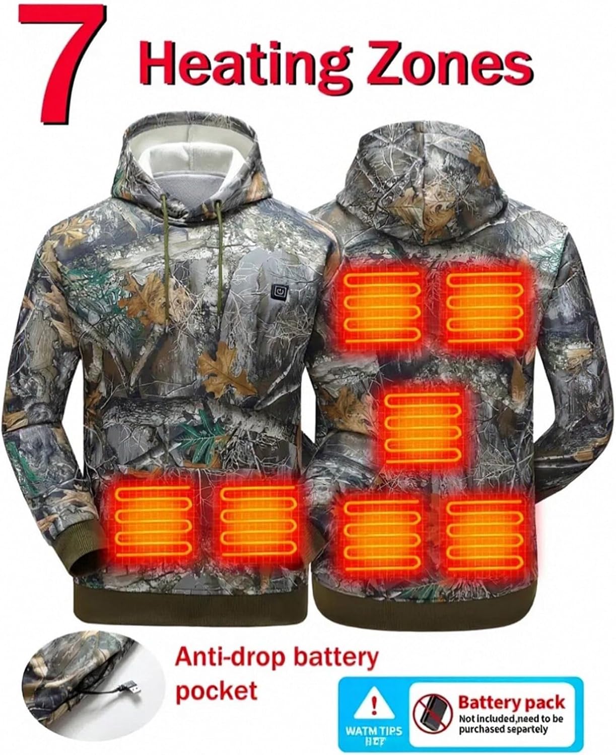 Wankang Camo Heated Hoodie for Men USB Electric Heated Hoodie Pullover Outdoor Heating Hooded Sweatshirt with 7 Heating Zones