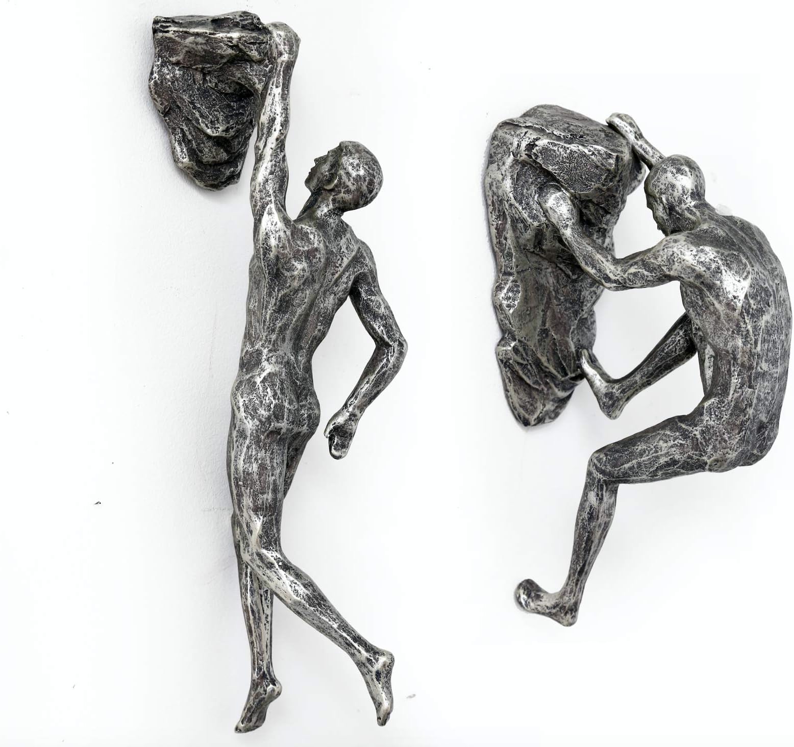 Wall Art Sculpture - 2 x Silver ROCK CLIMBING MEN (32cm + 22cm) Boxed