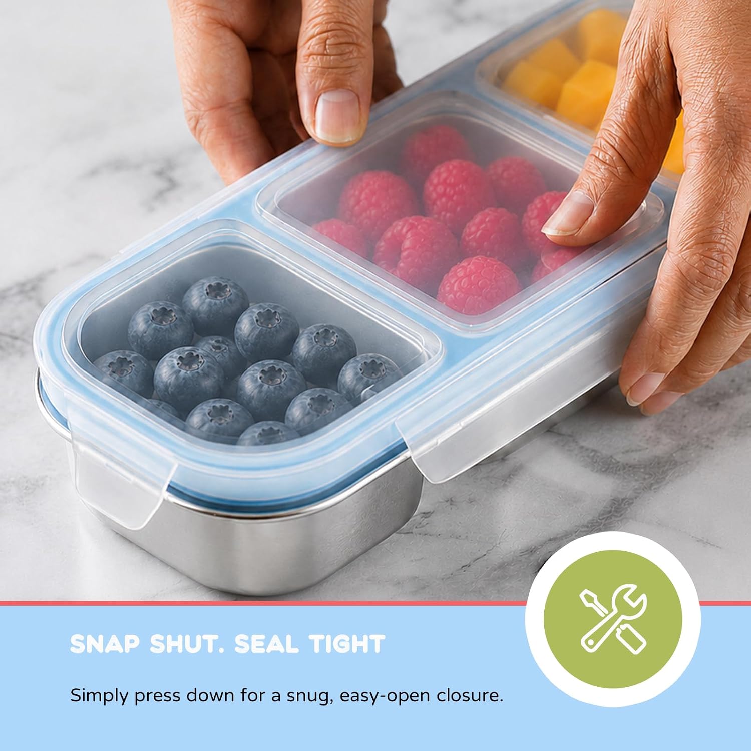 3-Pack Stainless Steel Snack Containers with Lids, 3-Compartment