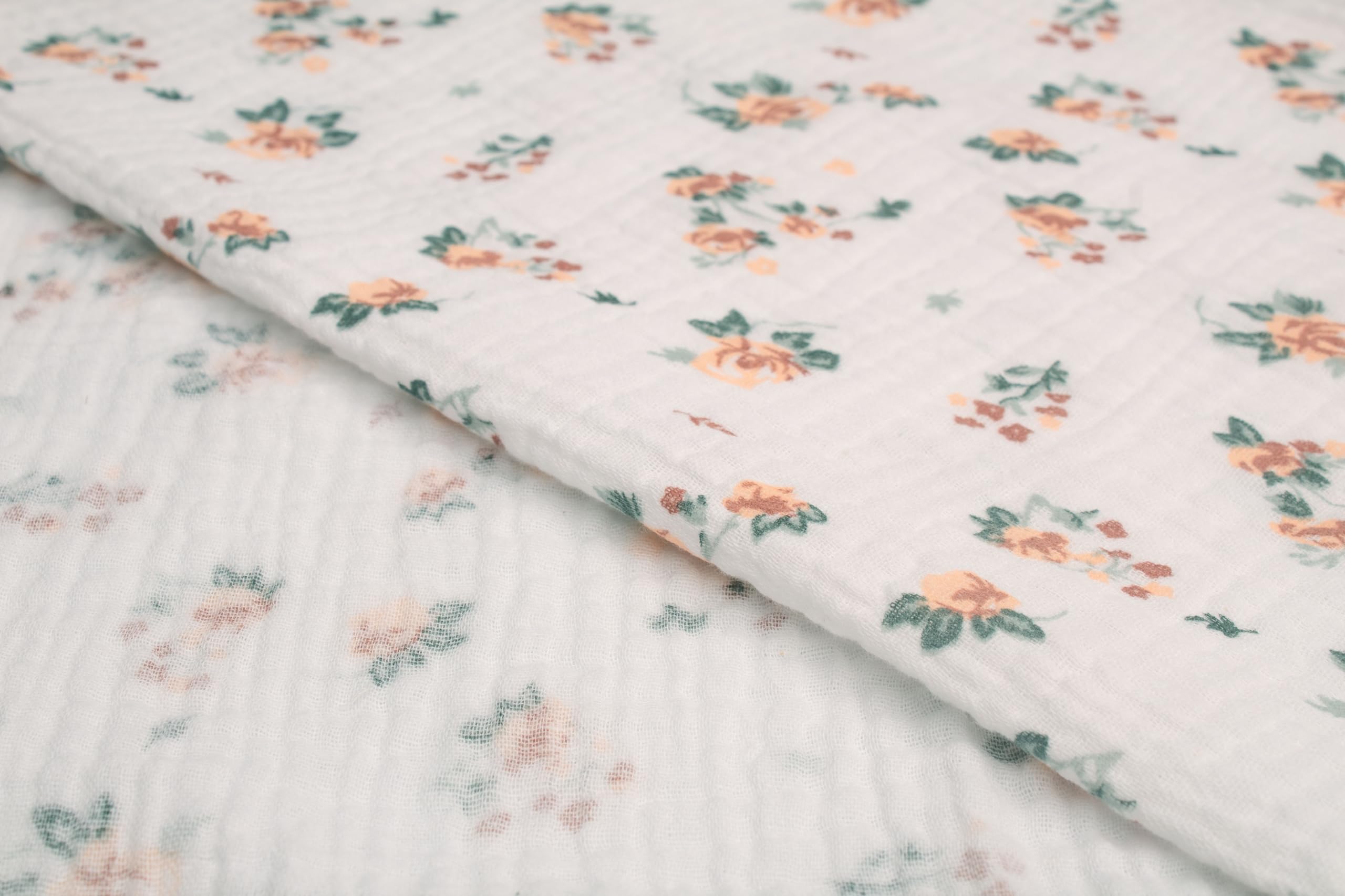 Tissu Mousseline Coton Imprimé Fleurs Beiges - 50x130 Cm, Double Gaze, Oeko-Tex, Neuf