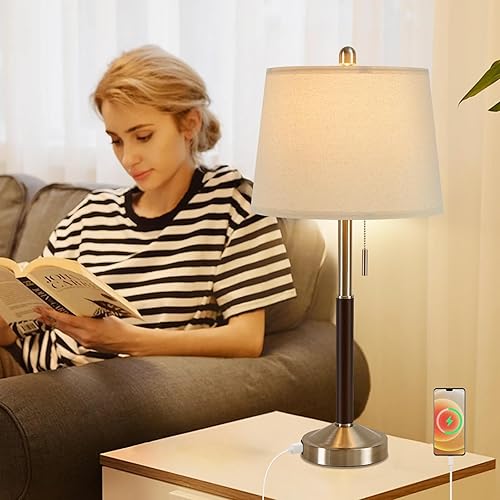 Miniatura 6 de Juego de 2 lámparas de noche plateadas de 28 pulgadas para dormitorio, lámpara de mesa moderna con puerto de carga USB para mesa auxiliar de sala de