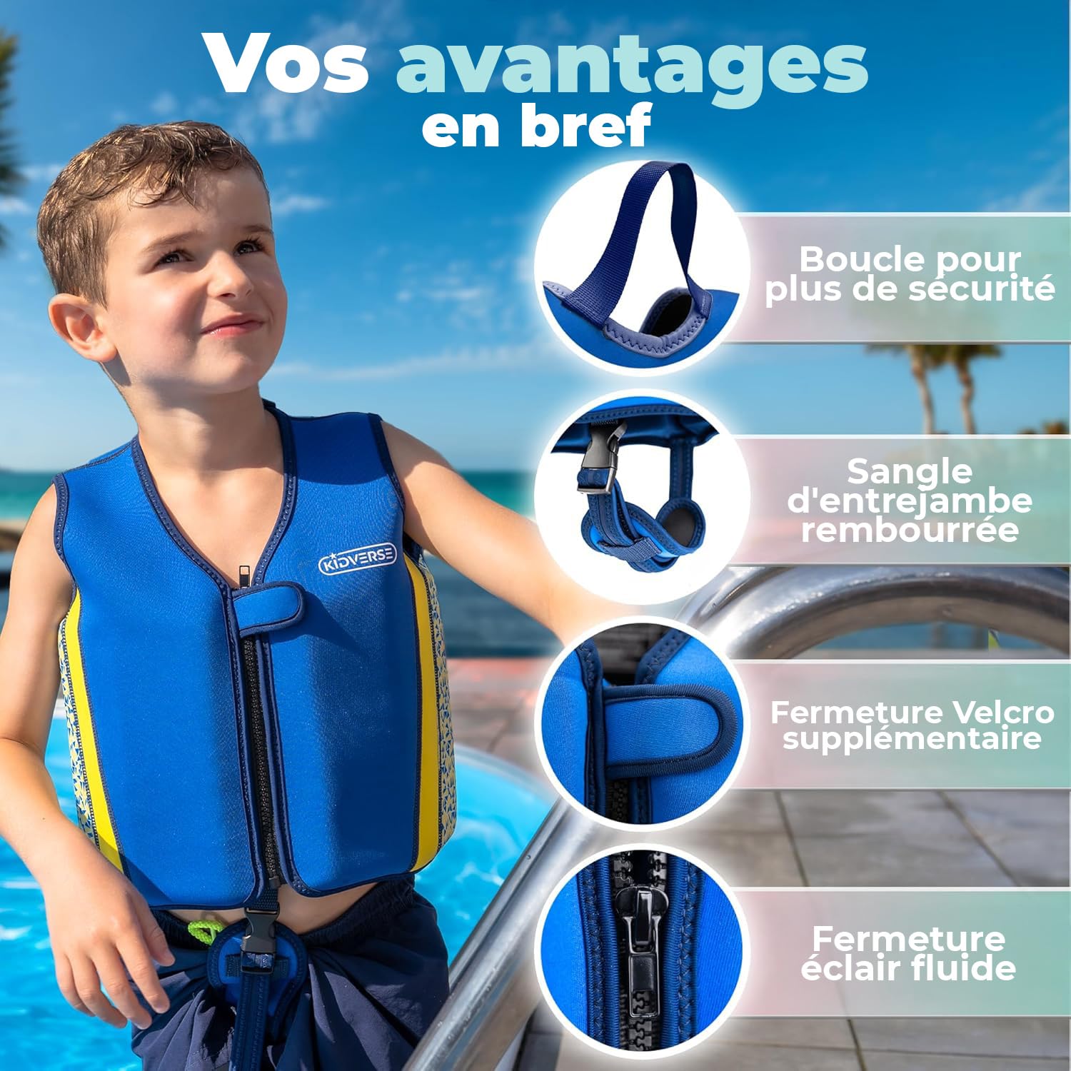 KIDVERSE Gilet Natation Enfant 2 Ans à 6 Ans - qualité certifiée - Aide à la flottaison pour Fille & garçon - Apprentissage Piscine - Gilet Enfant picine
