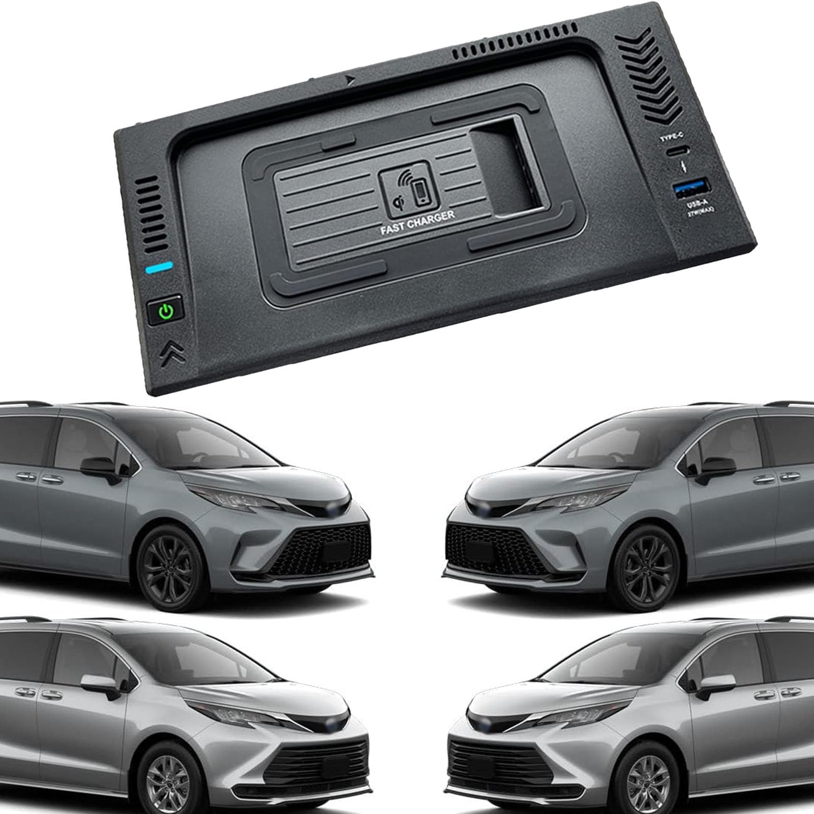 Caricabatterie Wireless per Auto per Sienna Tutti i Modelli Accessorio con 15 W Wireless e 27 W USB Qc3.0 + Type-C Ricarica Rapida Regalo per la Famiglia