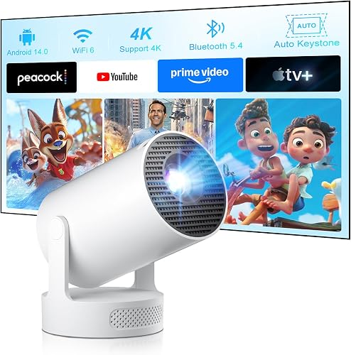 [ 2026 Upgraded & App Integrada] Salange Mini Proyector 4K 1080P Support, Proyector Inteligente Android 14, Beamer Handy pequeño para Exteriores, Altavoz de Graves de 5W, WiFi6 Bluetooth 5.4