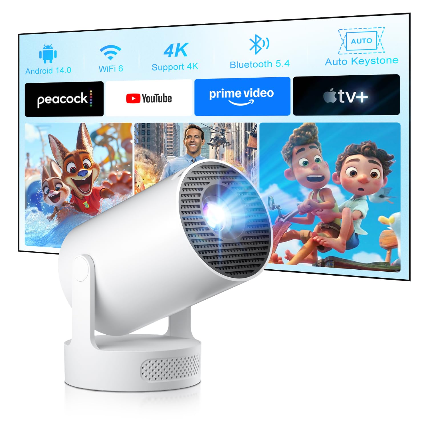[2026 Upgraded & Integrated App] Salange Mini Projector 4K 1080P Support, Android 14 Smart Projector, Beamer Handy Small for Outdoor, 5W Bass Speaker, WiFi6 Bluetooth 5.4 Global Recycled Standard Global Recycled Standard Global Recycled Standard