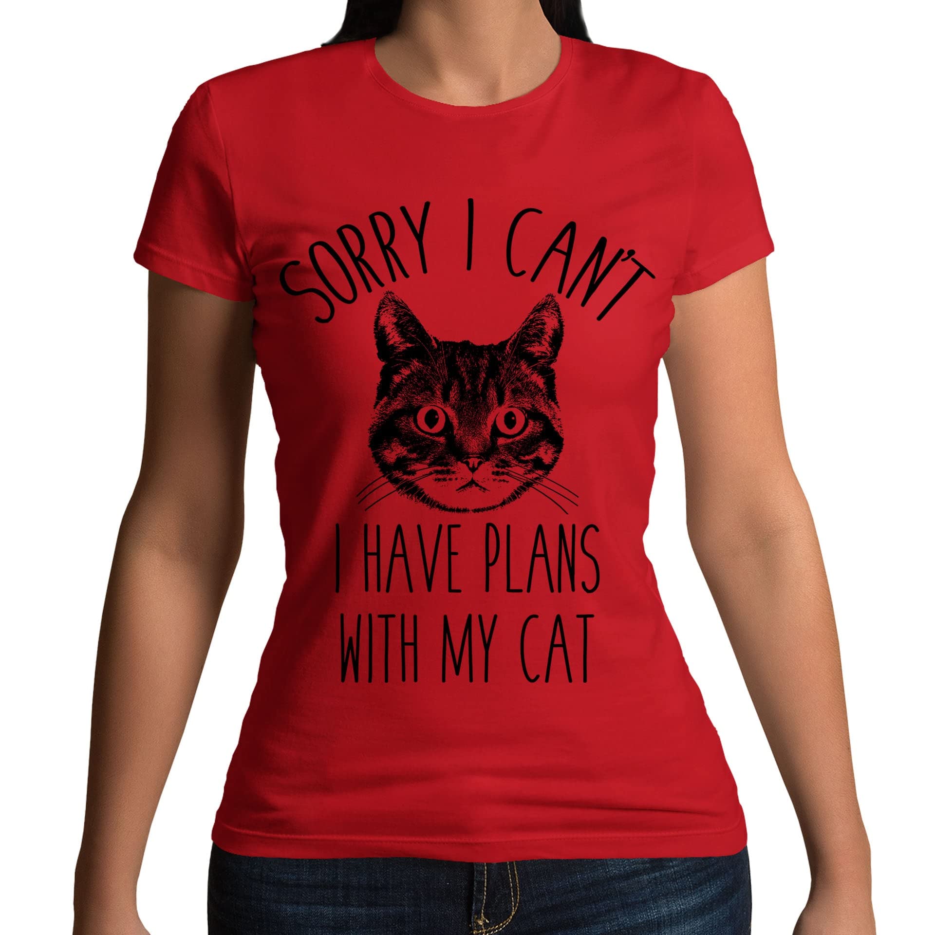 Sorry I Cant I Have Plans with My Cat Funny Slogan Womens T-Shirt Red UK 16-18 (Plus Size XL)