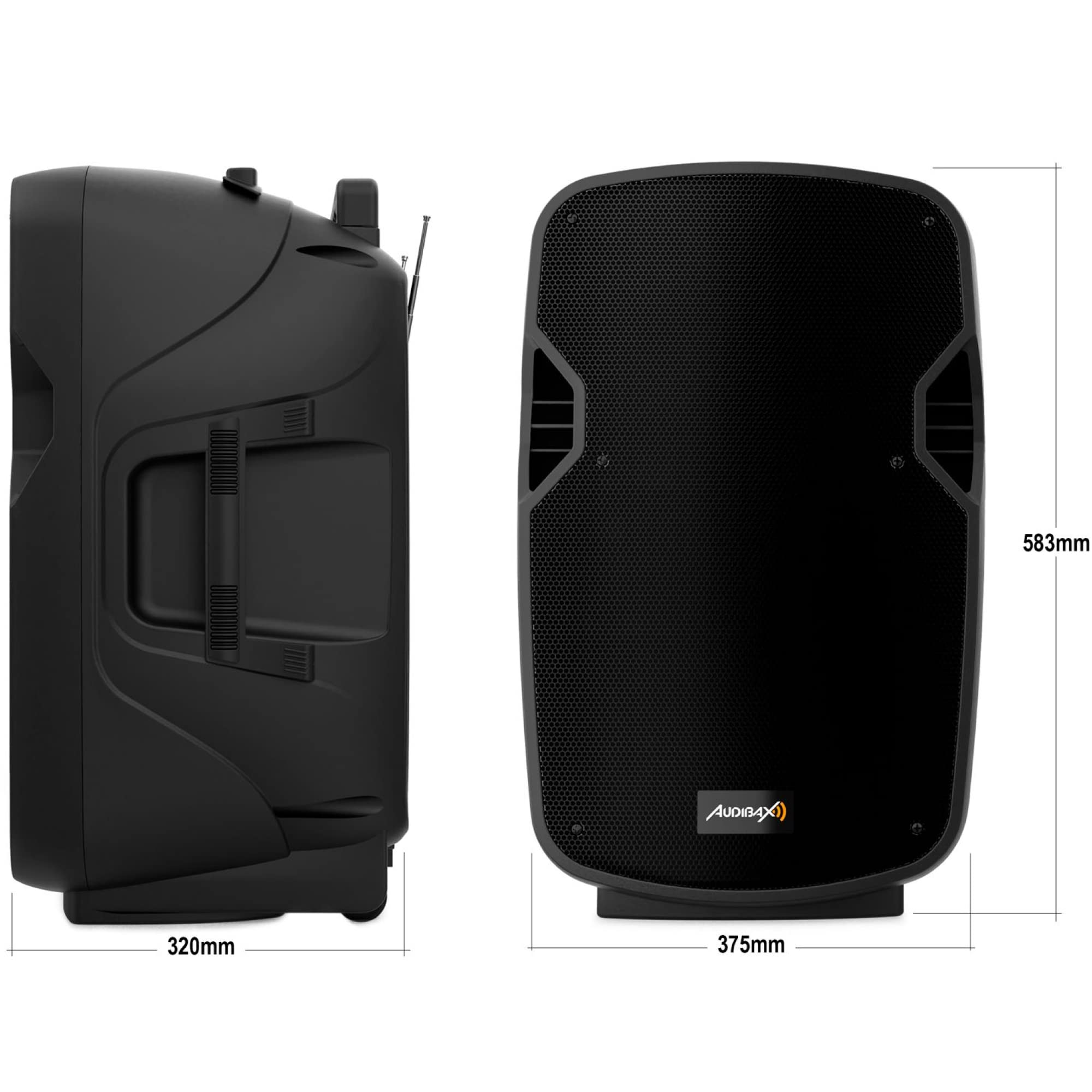 Audibax Denver 12 Altavoz Activo PA 12” con Batería, Ruedas + 2 Micros Inalámbricos Mano