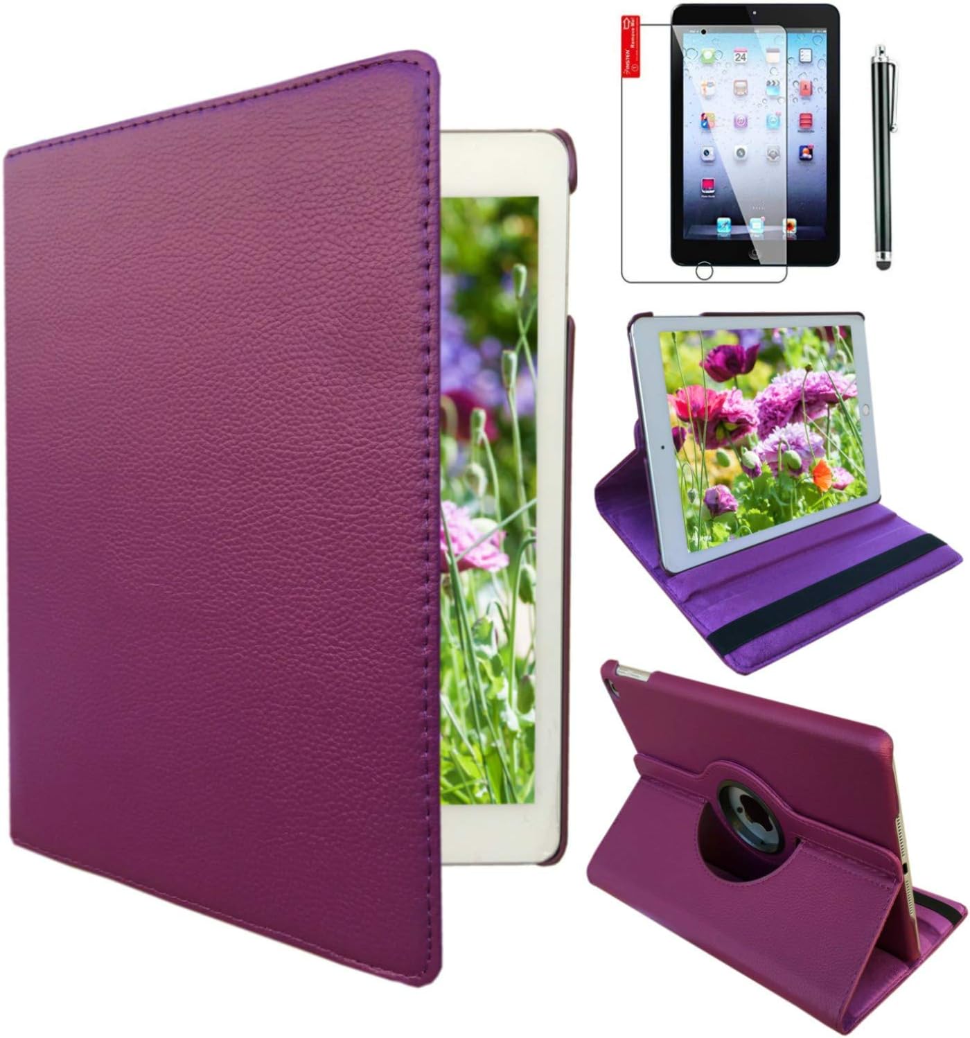 ipad 4th Generation Case 9.7in 360 Degrees Rotating Stand Leather Magnetic Smart Cover Case for Ipad 2/3/4 Gene Case with Bonus Screen Protector, Stylus and Cleaning Cloth (Purple)