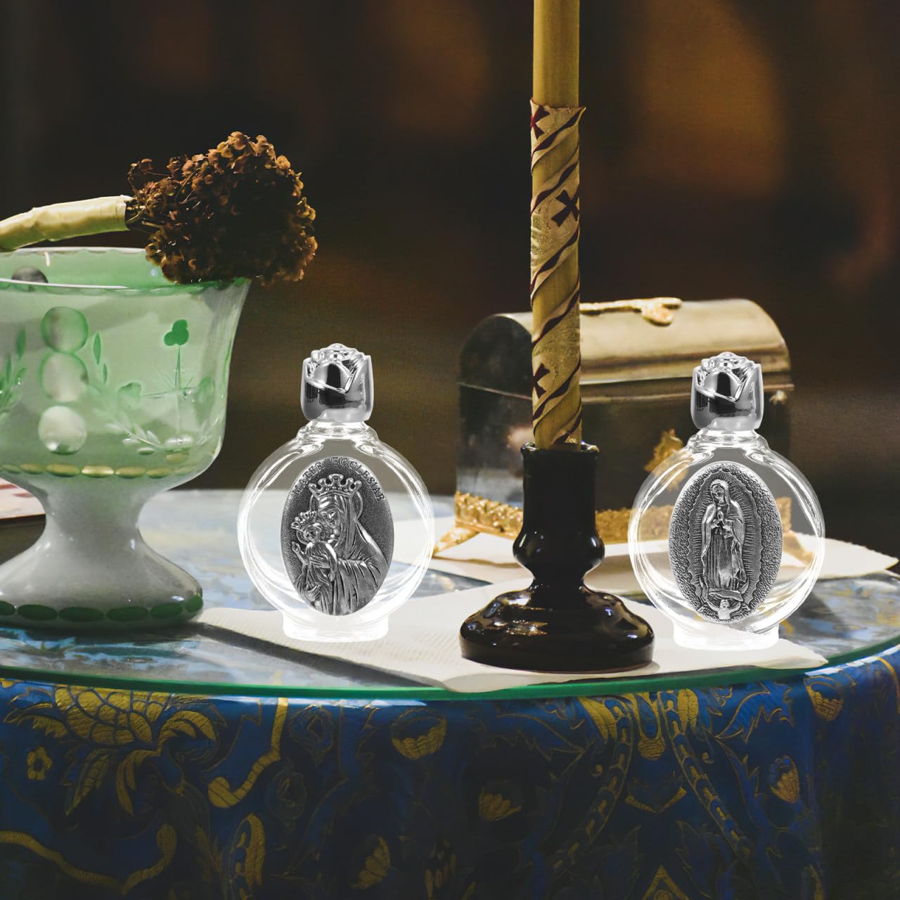 Angoily 2 botellas de agua de cristal, recipiente de agua rellenable, dispensador de agua católica, recipiente de perfume vacío, para fiesta de bautizo católica de Halloween,