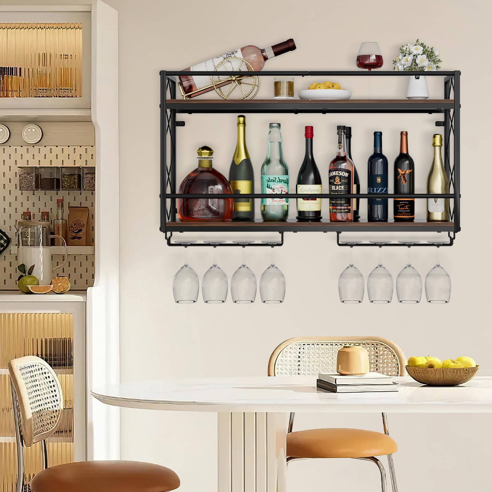 Weinregal, Wandhalterung, 2 Etagen, Wand-Weinregal mit Glashalter, Anti-Drop-Querstange, 80 cm, Metall-Weinhalter für Zuhause, Küche, Esszimmer, Bar, Schwarz