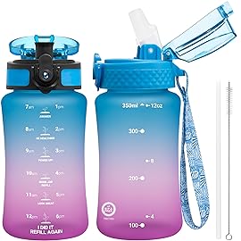 OLDLEY Kids Water Bottle for School, 12 oz (2 lids) BPA-Free Reusable Leak-proof Durable Tritan Plastic Water Bottles with Straw & Chug Lids, Anti-dust Spout Cover (Lake)