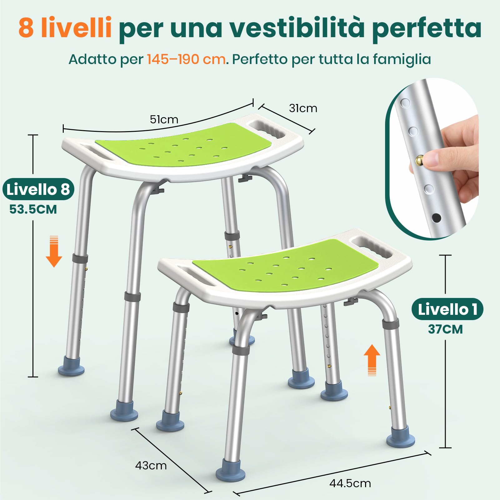 LC02 Sgabello Doccia per Anziani, Sedia Doccia Antiscivolo Regolabile in Altezza fino a 158 kg, Sedia per Doccia Leggera con Seduta Curva e Maniglie Integrate, per Disabili e Gravidanza