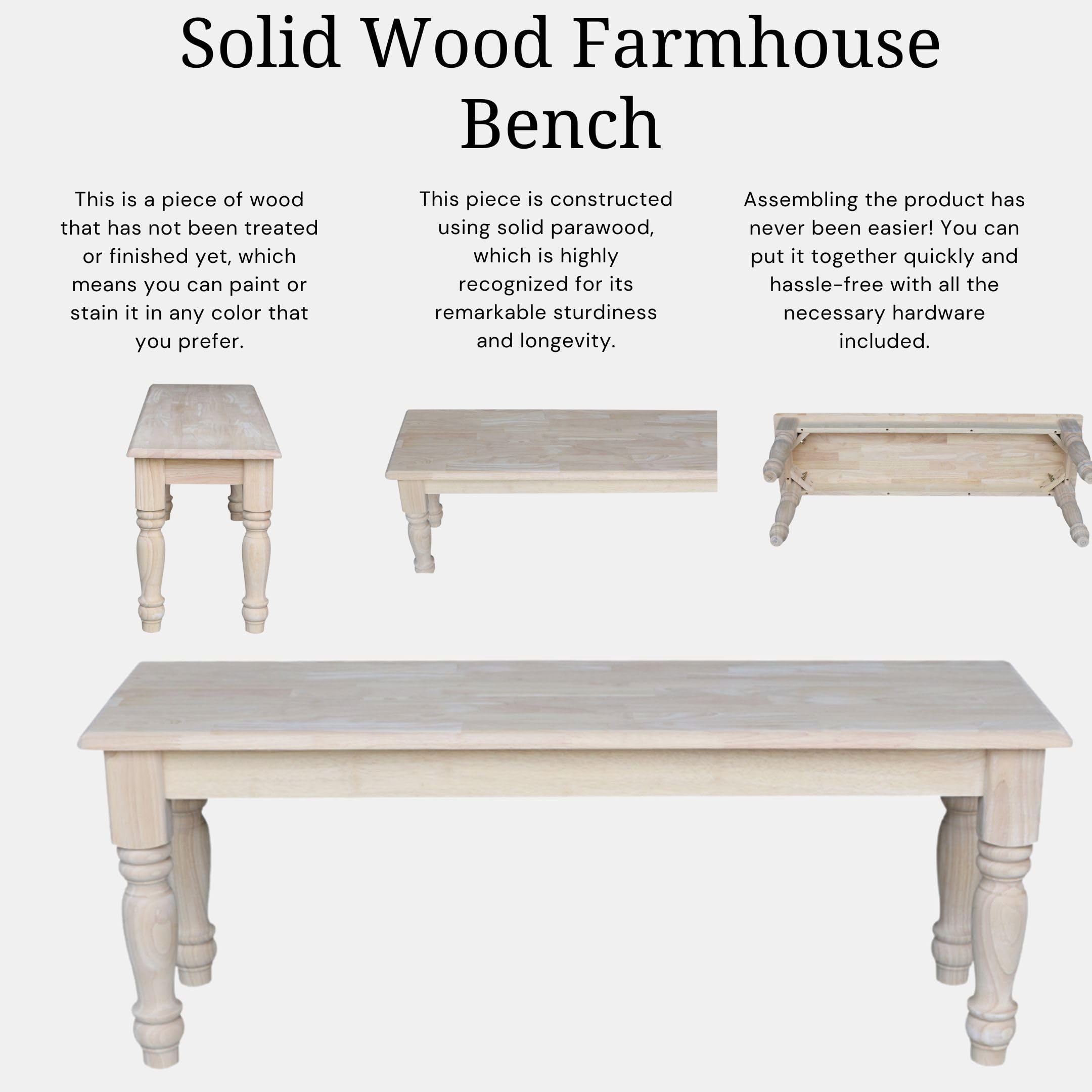IC International Concepts Farmhouse Solid Wood Bench, 47", Unfinished