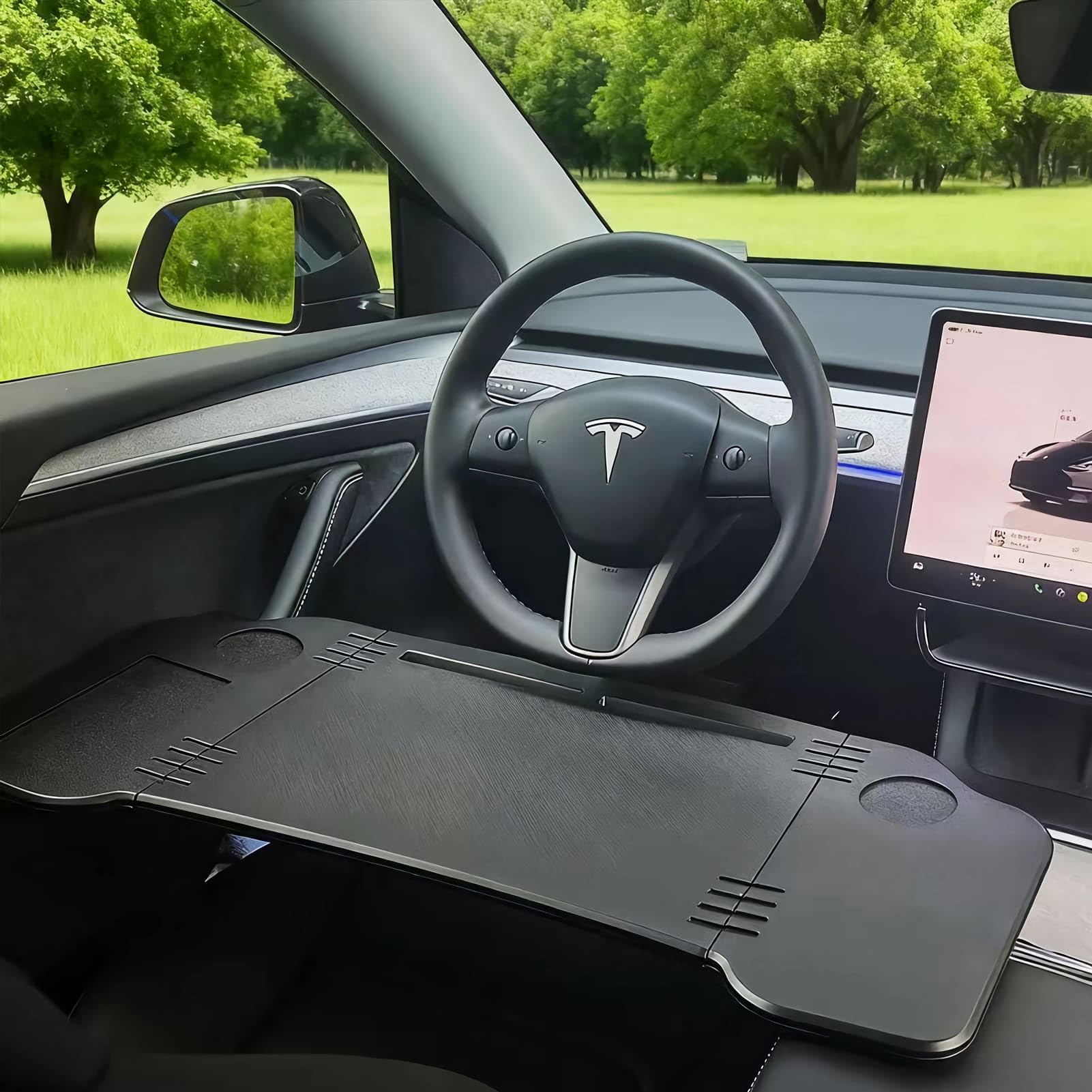 for Tesla Model 3 Y | Foldable Laptop Car Desk | Steering Wheel Table with Cup Holder | Multi-Position Backseat Travel Tray for Kids, Food & Tablets | Long Trip Essentials