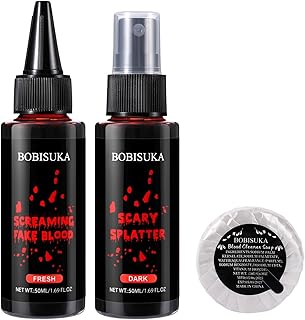 BOBISUKA 3PCS Fake Blood Set - Dark Fake Blood Spray, Dripping Bright Red Fake Blood & Cleansing Soap – Realistic Halloween Makeup Kit for Zombie, Vampire, Cosplay & Stage Special Effects