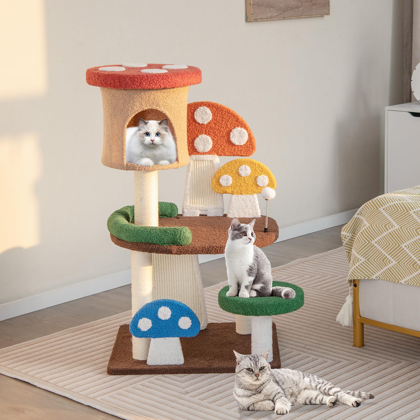 COSTWAY Albero per Gatti a Fungo 4-in-1, Torre Multi-Livello per Gatti con Condo, Piattaforma e Palla a Molla, Centro Attività per Gattini con Pali in Sisal e Tiragraffi