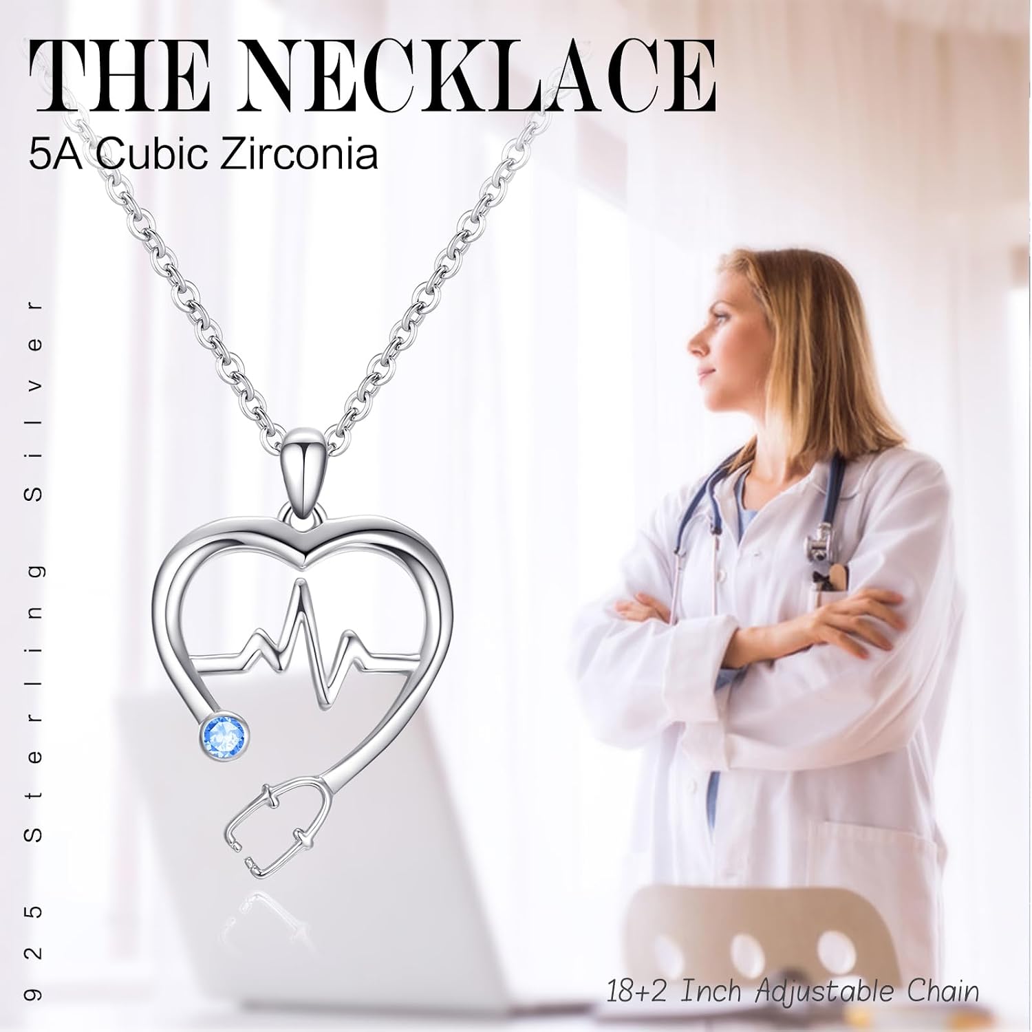 Stethoscope Necklace for Women 925 Sterling Silver Heart Nurse Pendant Necklace Graduation Gift Medical Jewelry for Doctors Nurses Medical Students