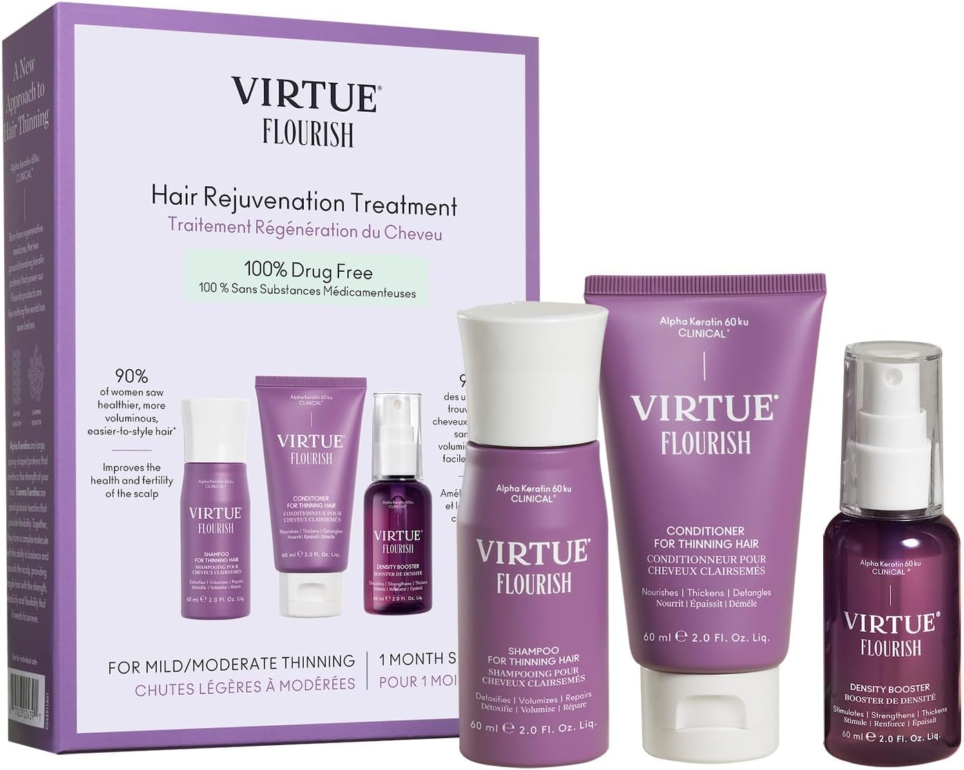 Virtue Flourish Shampoo, Conditioner & Density Booster Spray, Growth Set | 1-month supply, 3-step regimen, hair loss treatment, bond-repair with Alpha Keratin 60KU, herbal fragrance